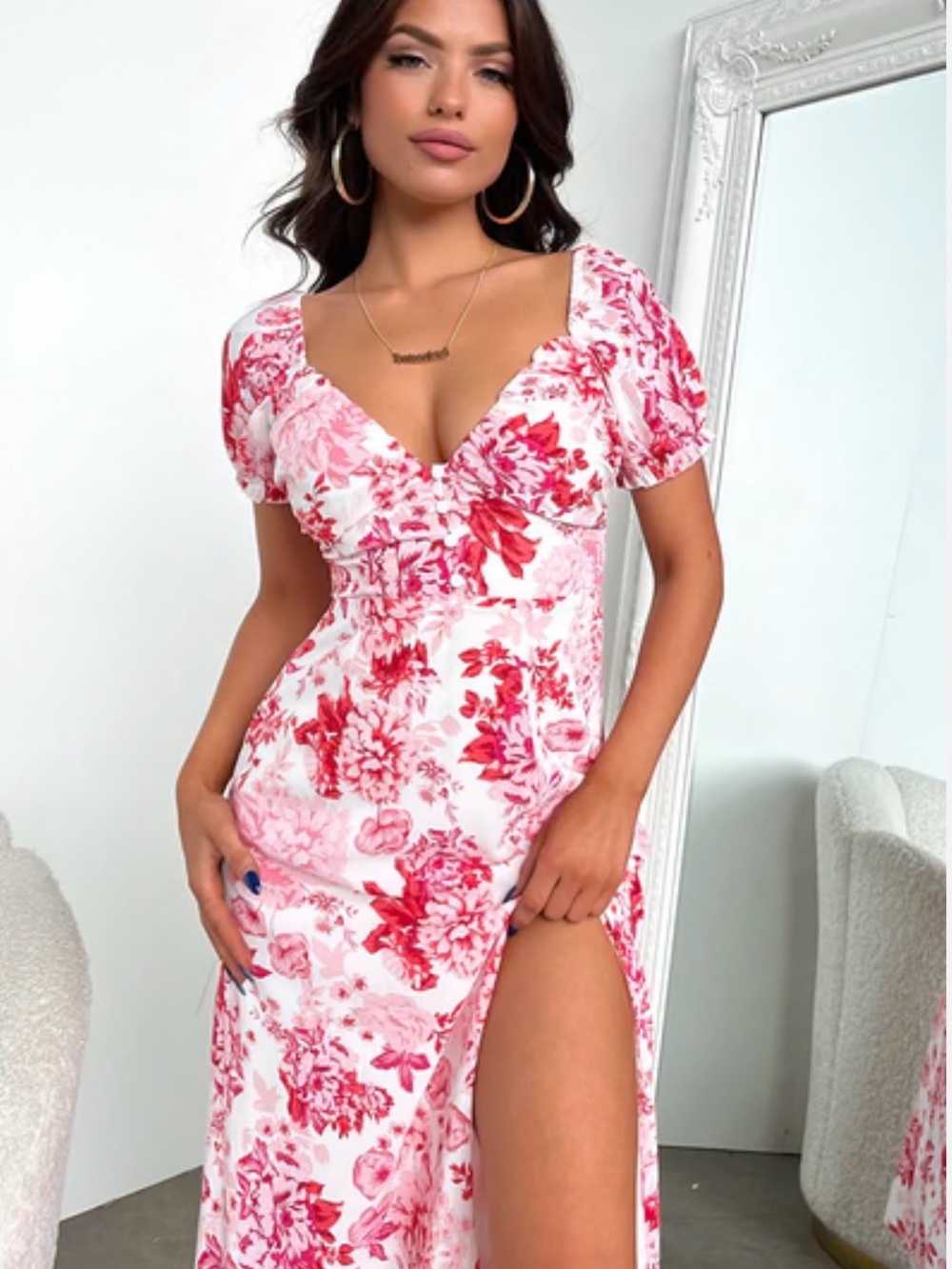 Pink & Red Floral High-Low Dress with Side Slit